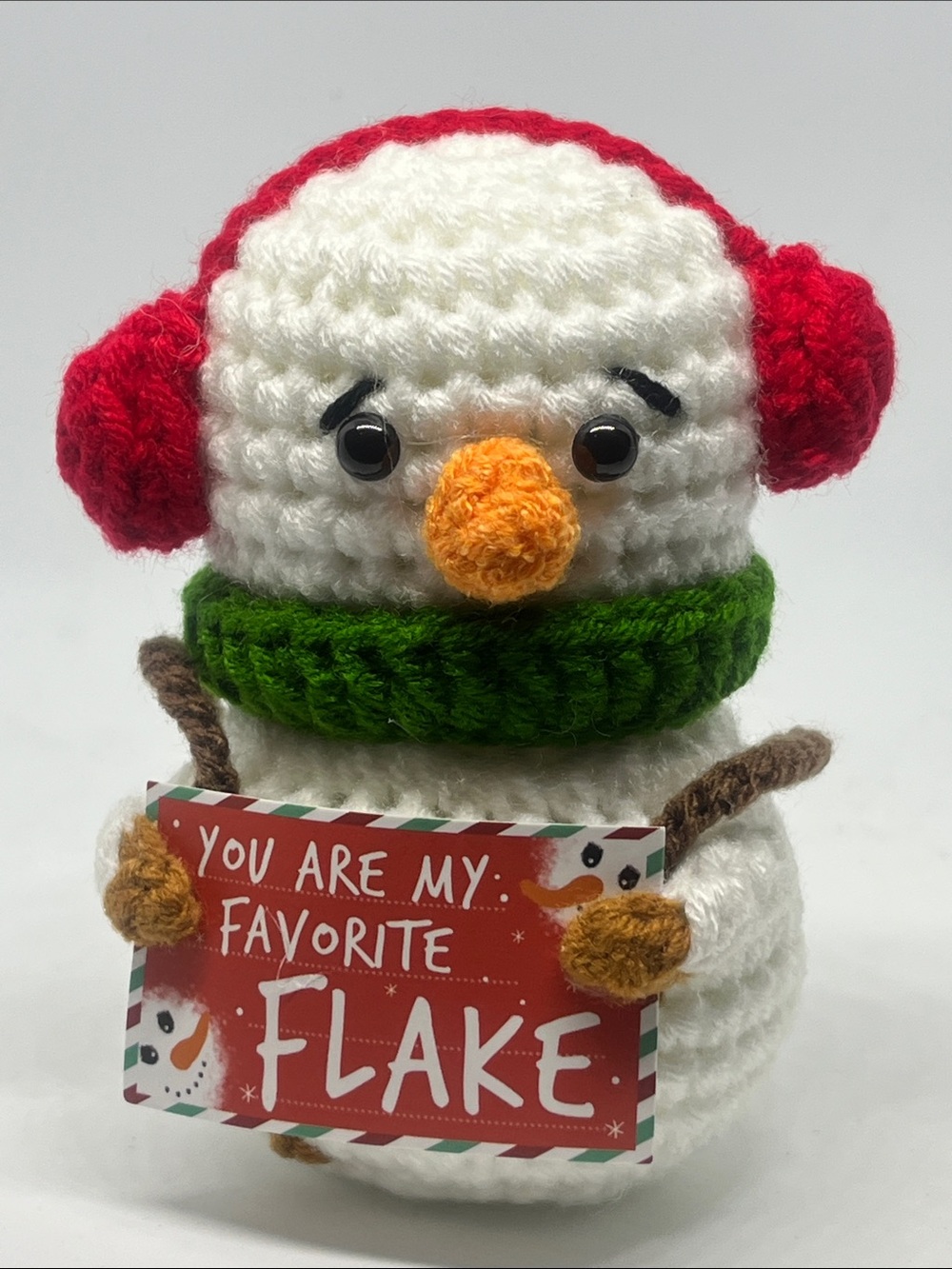 Hand Crafted White Snowman with Red Ear Muffs and Green Scarf